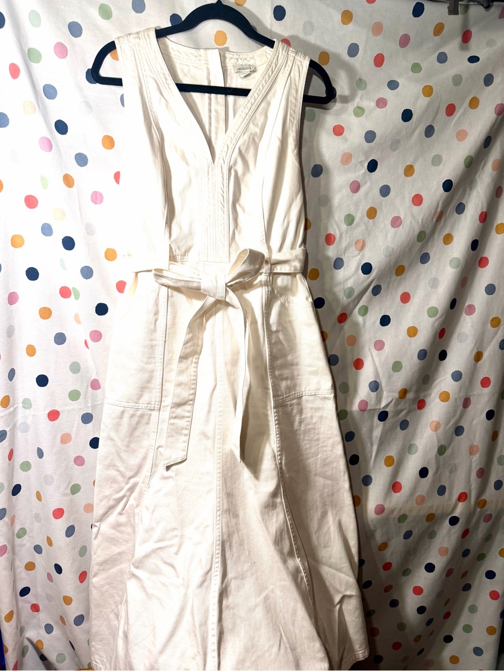 Sleeveless White V-Neck Midi Denim Dress